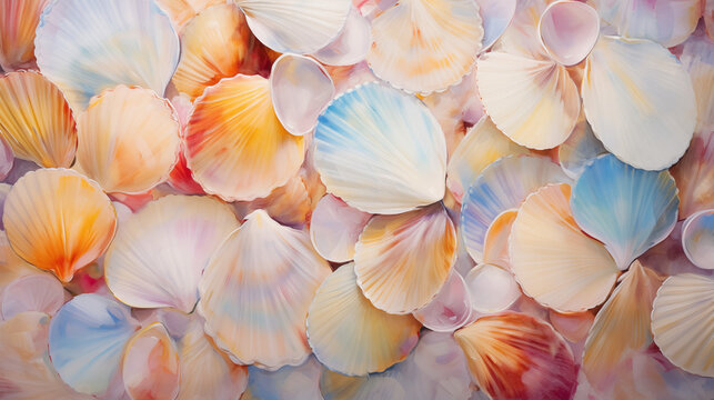 abstract oil painting of colorful shells as background.