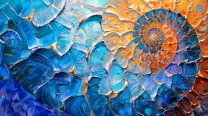 artistic nautilus shell, the sound of the sea. Spiral structures, shell patterns, colors and abstract elements on the theme of marine life, nature, creativity, art and design as an oil painting