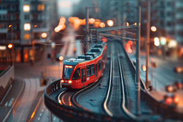 Twilight Glide: Red City Tram Winds Through Urban Dreamscape Banner - obrazy, fototapety, plakaty