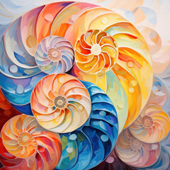 oil painting of different abstract nautilus shells as background.