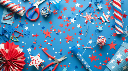 DIY Fourth of July craft supplies flat lay with red white and blue materials scissors and glue.