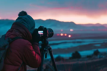 Fototapeten Capturing Twilight Serenity: Lone Photographers Quest for the Perfect Shot Banner © Алинка Пад