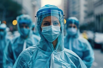 A group of dedicated medical workers are seen in protective gear, ready to combat health crises and provide care to those in need.   - obrazy, fototapety, plakaty
