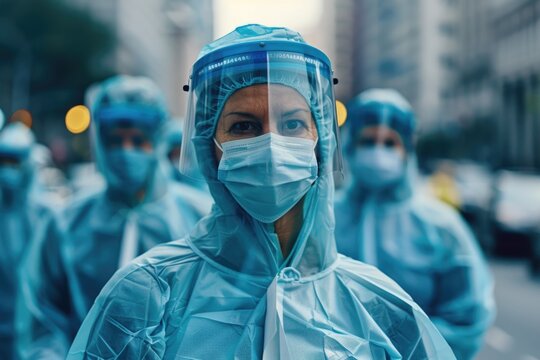 A group of dedicated medical workers are seen in protective gear, ready to combat health crises and provide care to those in need.  