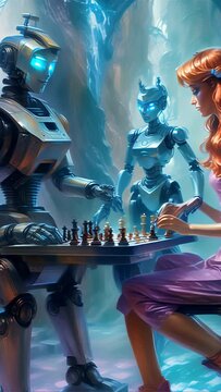 A whimsical illustration of a young woman in a lavender dress playing chess with robots in a mystical forest, a metaphor for strategy and imagination.