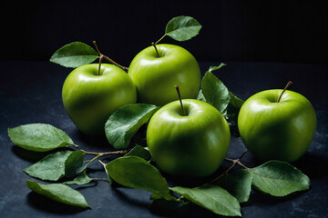 Green apple ai generated. Apples with leaves on dark background. Green apple composition with leaves. Black background. Generative AI.