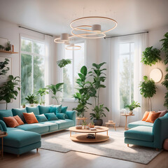 Modern living room design with soft turquoise sofas and many indoor plants