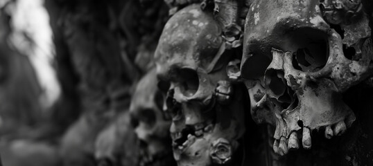 row of human skulls with copy space - obrazy, fototapety, plakaty