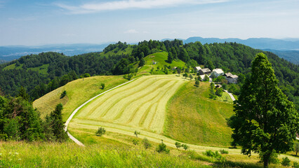 View from Sveti Jakob hill, Landscape with Mountains and Green Meadows. Slovenia, Europe - 767393951