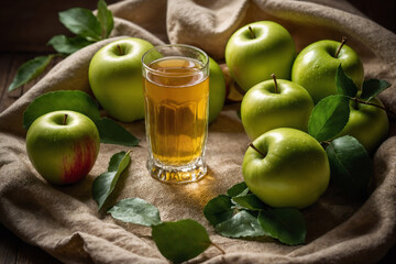 Green apple ai generated. Fresh apple juice with apples. Green apple with leaves. Generative AI.