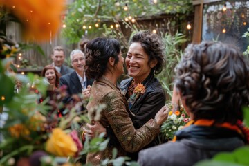 A couple of women standing side by side, sharing a tender moment of connection and unity during a LGBTQ wedding celebration