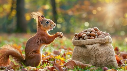 a cute red squirrel with a large fluffy tail carrying a bag of nuts in a park, set against a picturesque autumn background, while standing near a cloth sack brimming with acorns.