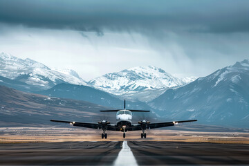 Majestic Aircraft Touches Down Amidst Snowy Peaks Banner - obrazy, fototapety, plakaty