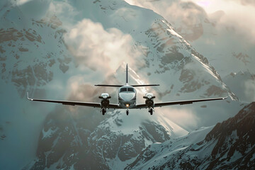 Majestic Aircraft Soaring High Above Snow-Capped Mountain Peaks Banner - obrazy, fototapety, plakaty
