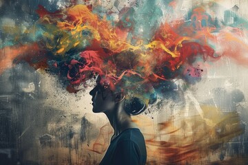 A womans head is enveloped in swirling, vibrant smoke in a multitude of colors, creating a surreal and dreamlike atmosphere - obrazy, fototapety, plakaty