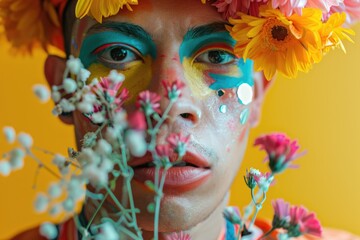 A woman proudly displays colorful flowers painted on her face, celebrating her connection to nature and embracing her identity
