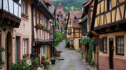 Fototapeta na wymiar palatinate old historical village,Half-timbered houses, cobblestones, mountains, forest, 16:9