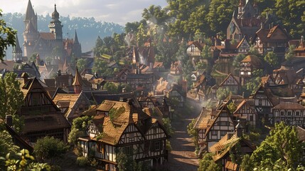 palatinate old historical village,Half-timbered houses, cobblestones, mountains, forest, 16:9