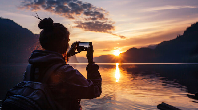 silhouette of a person with a backpack capturing sunset on mobile phone