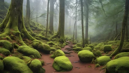 Tuinposter Misty Forest With Towering Trees And Moss Covered © Soha