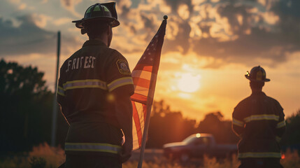 Firefighters raising the American flag at a 4th of July community event. - obrazy, fototapety, plakaty