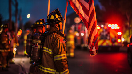 Firefighters raising the American flag at a 4th of July community event.