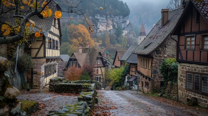palatinate old historical village,Half-timbered houses, cobblestones, mountains, forest, 16:9 - obrazy, fototapety, plakaty