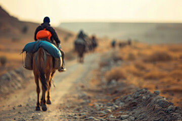Golden Hour Caravan Journey Across the Desert Landscape Banner