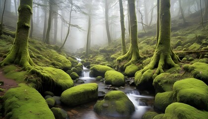 Misty Forest With Towering Trees And Moss Covered Upscaled 5