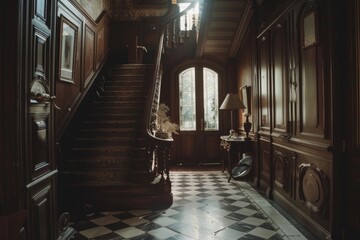 A hallway featuring a stunning checkered floor design leading up to a staircase, creating a sophisticated and stylish atmosphere