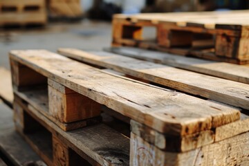 A stack of wooden pallets with a few of them being slightly crooked