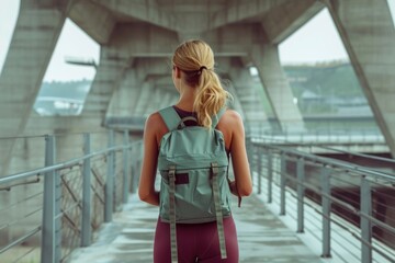 Young explorer with backpack looking over a modern bridge. - obrazy, fototapety, plakaty