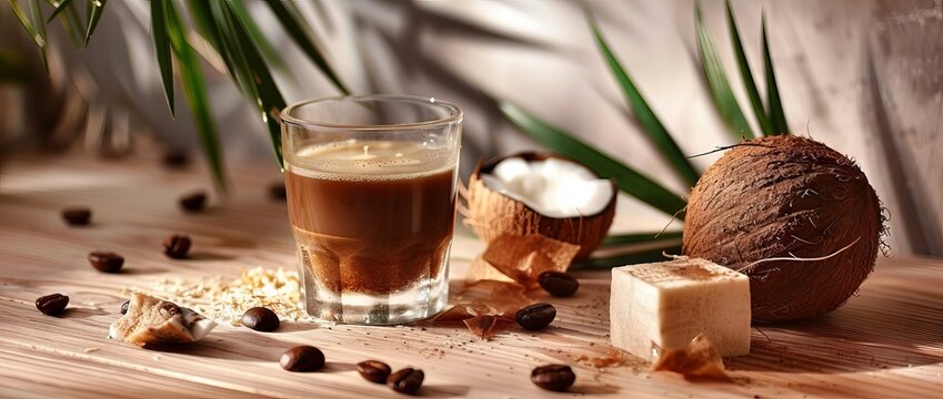 Coffee drink with coconut milk and stevia sugar substitute. Concept: alternative nutrition, healthy replacement