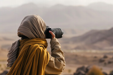 Cloaked Explorer Capturing the Vast, Serene Desert Landscape Banner - obrazy, fototapety, plakaty