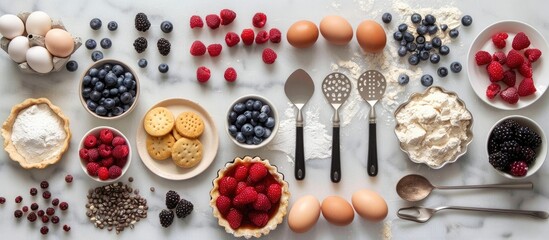 Baking tools and ingredients for making tarts, cookies, dough, and pastry arranged in a flat lay with eggs, flour, sugar, and berries. This top-down view serves as a mockup for recipes, - Powered by Adobe