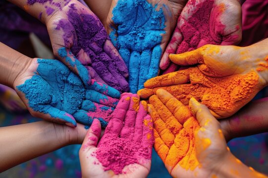 A mosaic of hands adorned with the vivid pigments of Holi festivities.