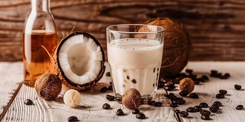 Coffee drink with coconut milk and stevia sugar substitute. Concept: alternative nutrition, healthy replacement - obrazy, fototapety, plakaty