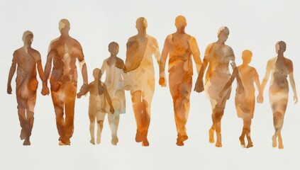 A watercolor illustration of multiple people holding hands, walking towards the camera in shades of brown and beige against an isolated white background Generative AI