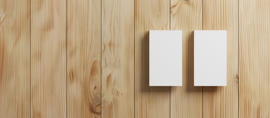 Naklejka premium Two empty vertical business cards displayed in a closeup mockup on a light wooden background.