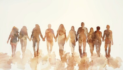 A watercolor illustration of multiple people holding hands, walking towards the viewer in shades of brown and beige against an isolated white background Generative AI