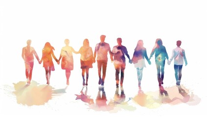 Naklejka premium group of people holding hands, walking towards the camera, white background, watercolor style Generative AI