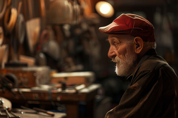 Portrait of a Thoughtful Craftsman in His Workshop with Tools Banner