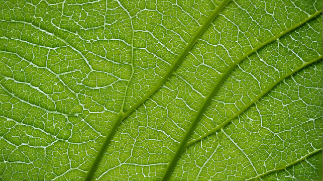This close-up image shows the intricate network of veins on a bright green leaf, highlighting the delicate and complex structure of plant life