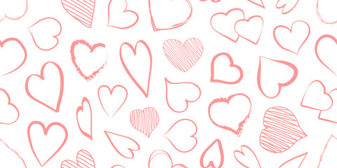 Heart seamless pattern, love sketch background for Valentines Day. Doodle brush print hand drawn design. Cute holiday vector illustration