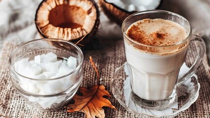 Glass glass with coconut milk and ice against the backdrop of a tropical beach and clear sky.
Concept: summer holidays, drinks and food products,