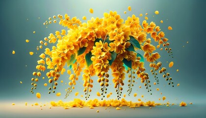 Illustration celebrating the vishu with beautiful yellow konna flowers. - obrazy, fototapety, plakaty