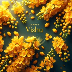 Happy vishu card illustration with realistic yellow konna flowers.