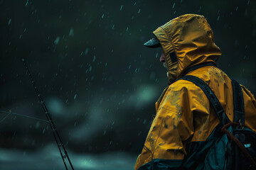 Solitary Fisherman Enduring Rain for the Love of Sport - Banner