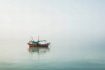 Serene Water Reflections with Lone Boat in Misty Silence Banner