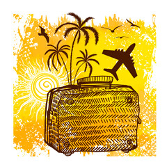 Tropical island with palms, a beach chair and a ocean. Vacation vector banner. Abstraction travel with suitcase and palm tree. hand drawing. Not AI. Vector illustration